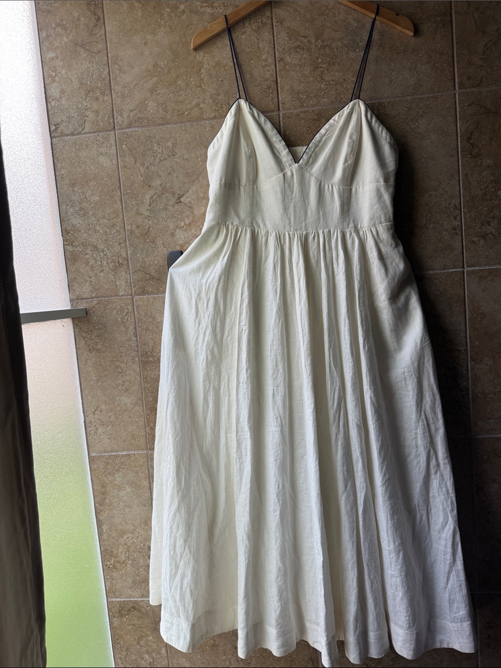 Maeve Linen Midi Dress White Navy Contrast Seamed Anthropologie Pockets Smocked - Picture 10 of 16